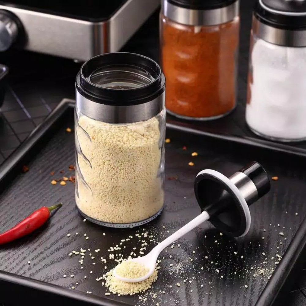 Tempat Wadah Toples Bumbu Dapur Garam Dari Kaca Dengan Sendok — 9