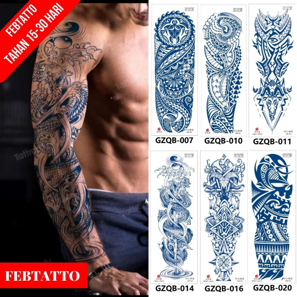 FRUIT INK Tato Semi Pemanent Tahan 1 Bulan Ukuran 17 X 48cm Motif Aesthetic Tatto Temporary Stiker Tato Halal Grosir Tato air motif tribal, tribal kepala kambing, naga GZQB 014