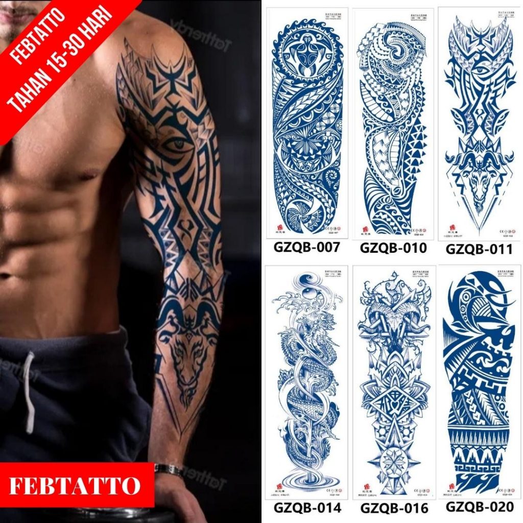 FRUIT INK Tato Semi Pemanent Tahan 1 Bulan Ukuran 17 X 48cm Motif Aesthetic Tatto Temporary Stiker Tato Halal Grosir Tato air motif tribal, tribal kepala kambing, naga GZQB 011