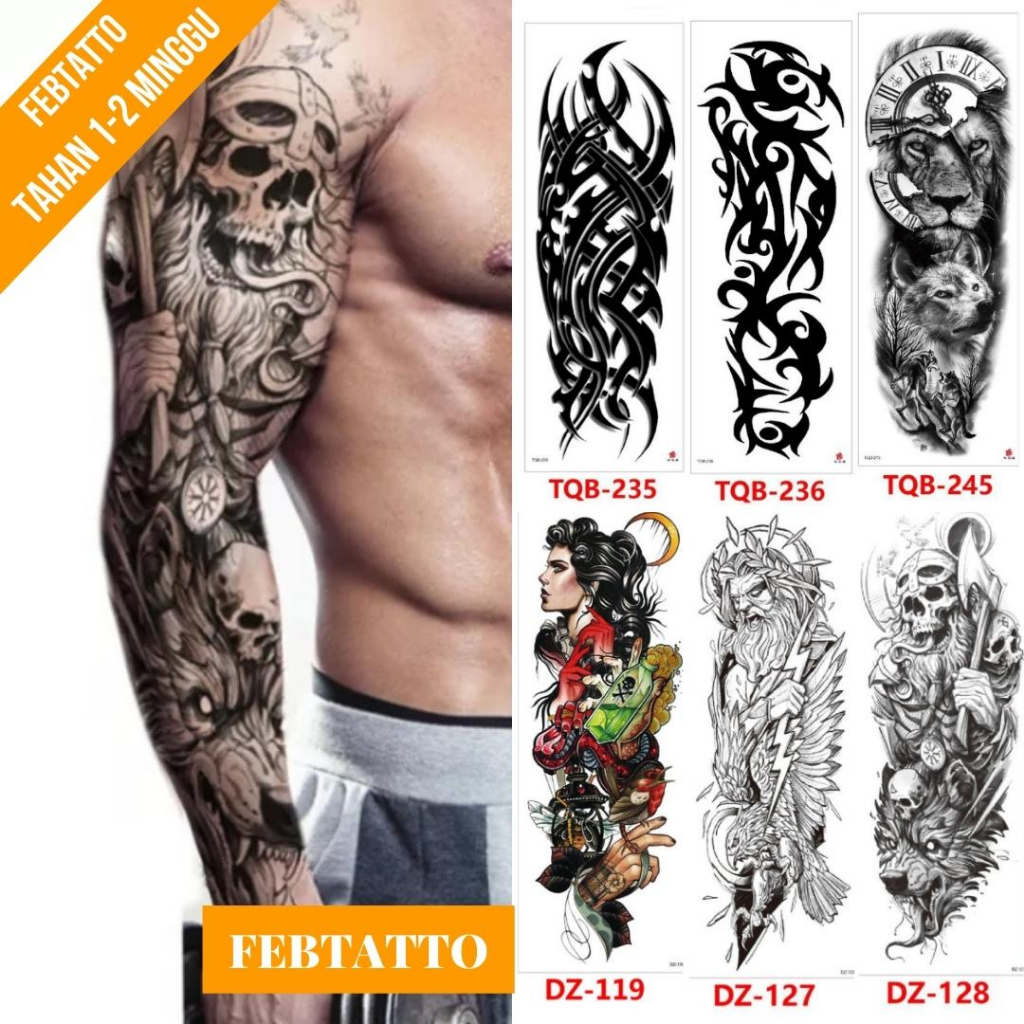 Tato Temporer Ukuran 17cmx48cm Motif Aesthetic Tatto Temporary Stiker Tato Halal Grosir Tato air motif tribal, macan, perempuan, burung garuda, tengkorak DZ 128