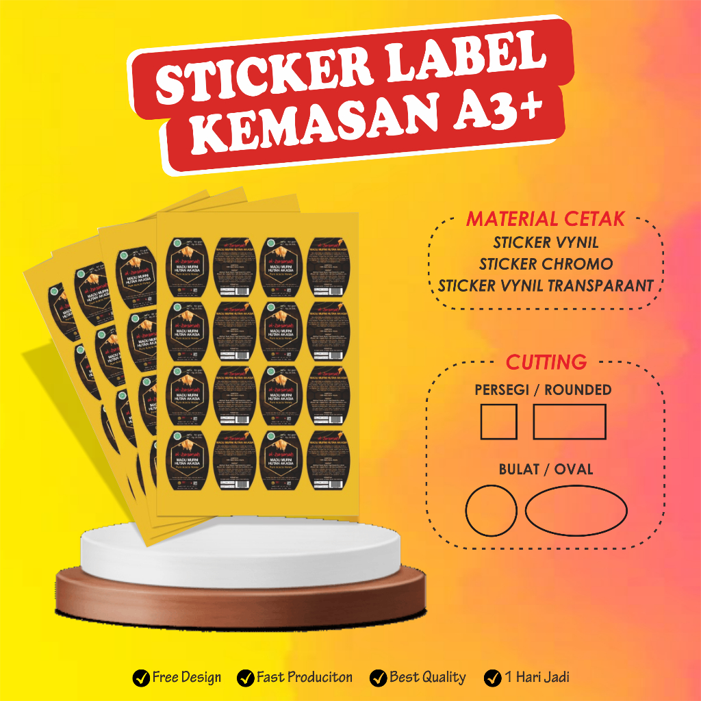 CETAK STIKER LABEL KEMASAN/LABEL PRODUK/LABEL OLSHOP A3+ CUSTOM DESAIN (POTONG SESUAI BENTUK) MINIM 