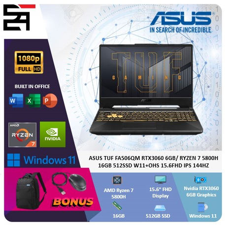 Asus TUF FA506QM RTX3060-6GB Ryzen 7 5800H 16GB 512GB SSD W11 OHS 15.6 Inchi FHD IPS 144Hz