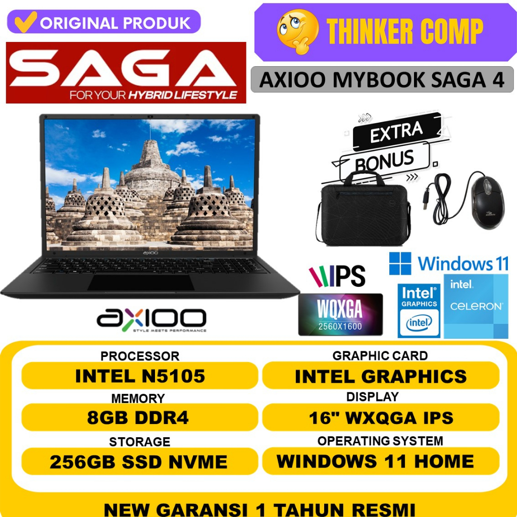 Laptop Murah AXIOO SAGA 4 N5105 8GB 256GB SSD 16&quot; 2.5K WQXGA IPS WIN 11 ORI