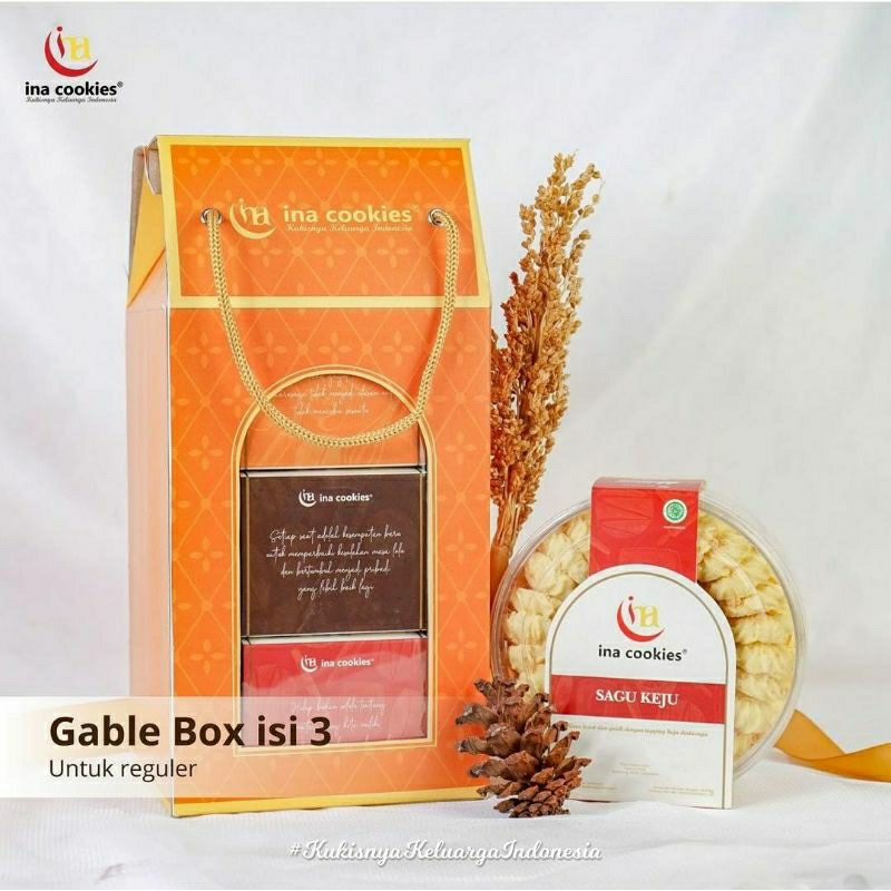 

HAMPERS LEBARAN INA COOKIES ISI 3 TOPLES REGULER GABLE BOX INA COOKIES HAMPERS LEBARAN