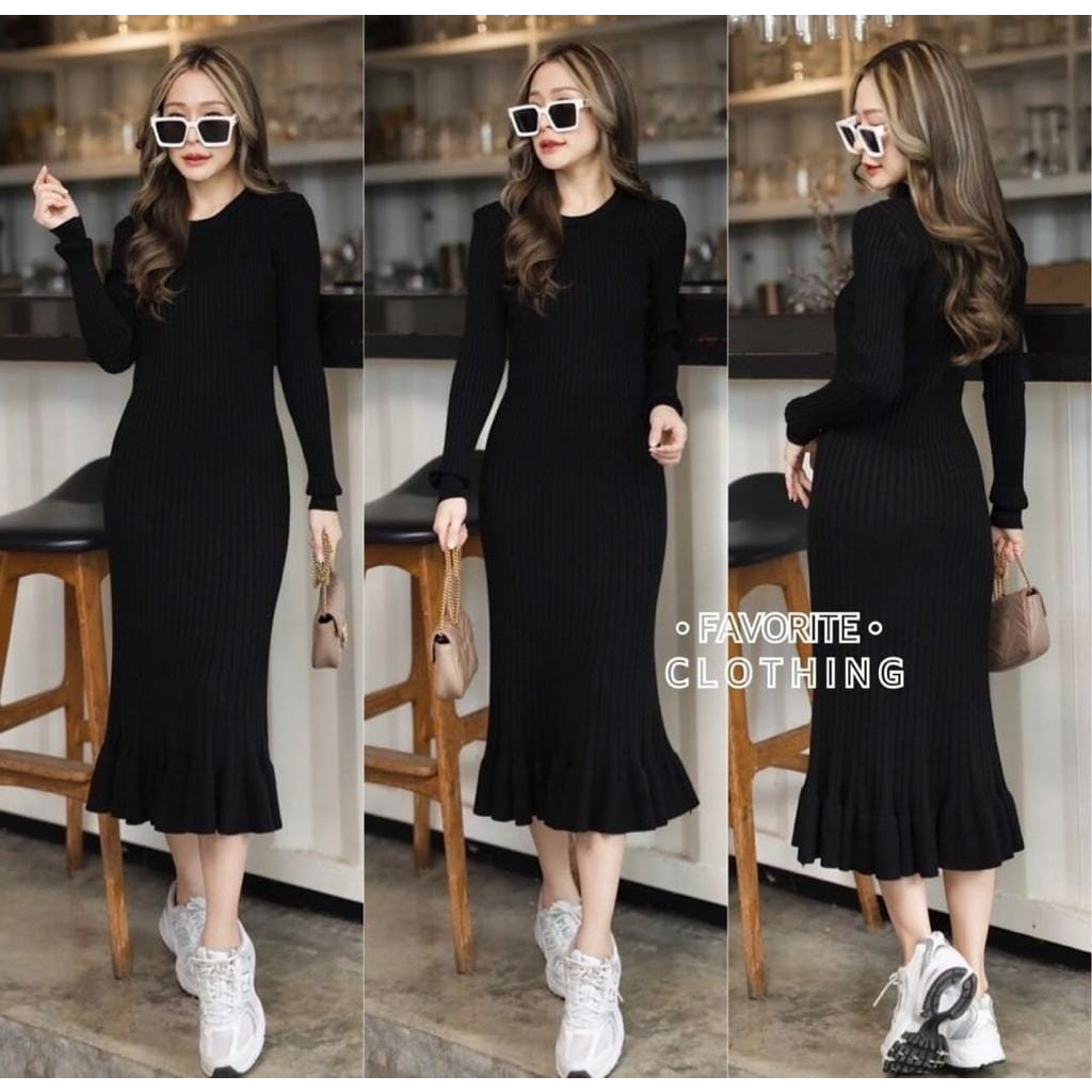 Dress Korean Style Kinara bahan Rajut HOPYLOVY