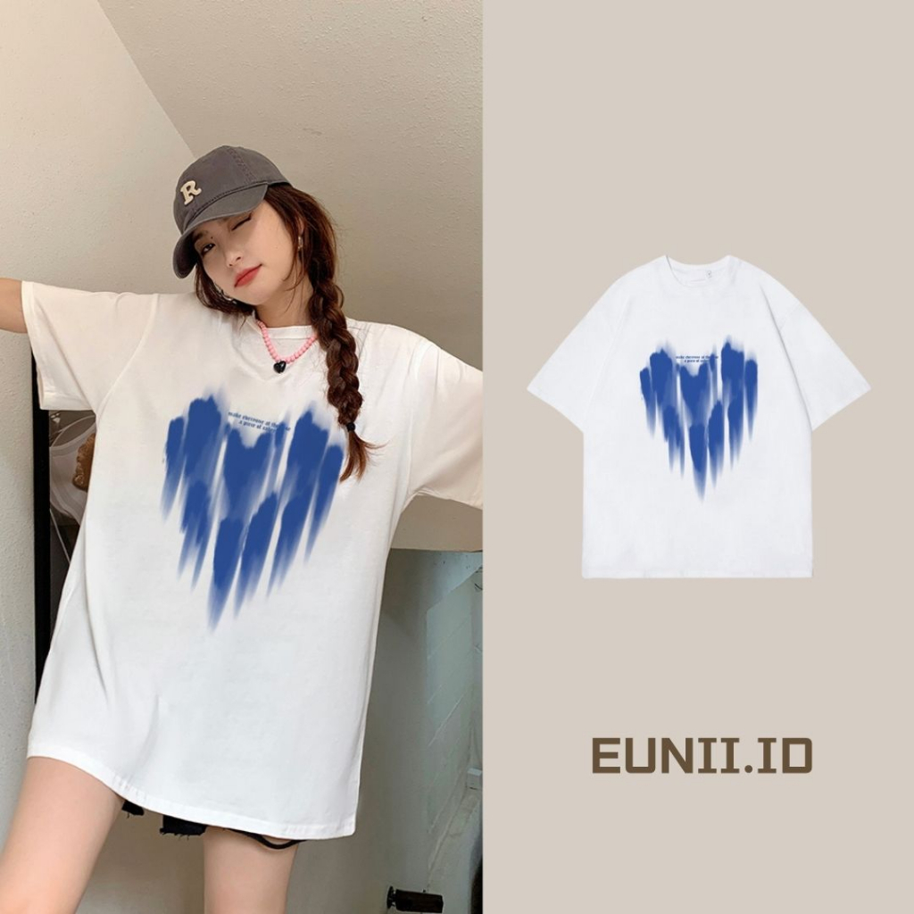 EUNII T-shirt Lengan Pendek Blue Flow Heart Love Printing Korean Style/Kaos Atasan Wanita/Baju Wanita/Kaos Wanita