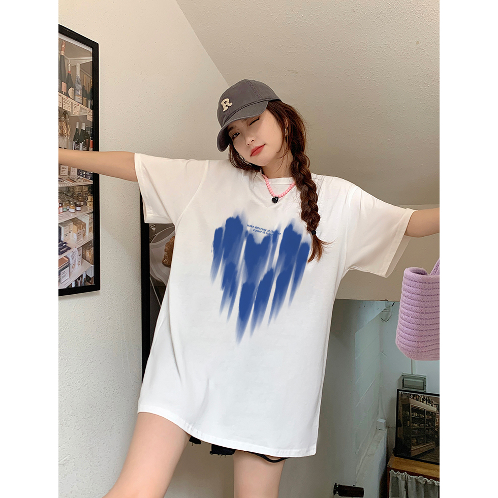 EUNII T-shirt Lengan Pendek Blue Flow Heart Love Printing Korean Style/Kaos Atasan Wanita/Baju Wanita/Kaos Wanita