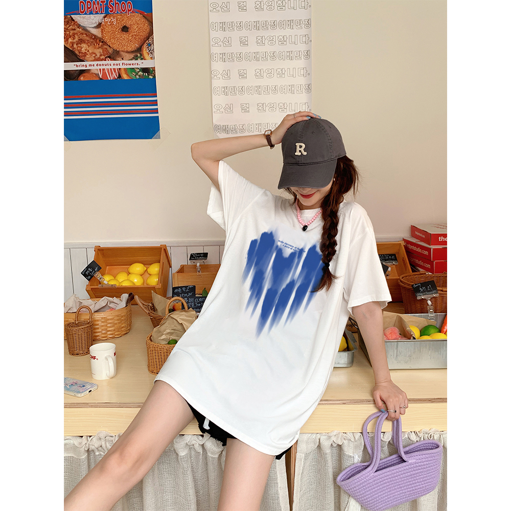 EUNII T-shirt Lengan Pendek Blue Flow Heart Love Printing Korean Style/Kaos Atasan Wanita/Baju Wanita/Kaos Wanita