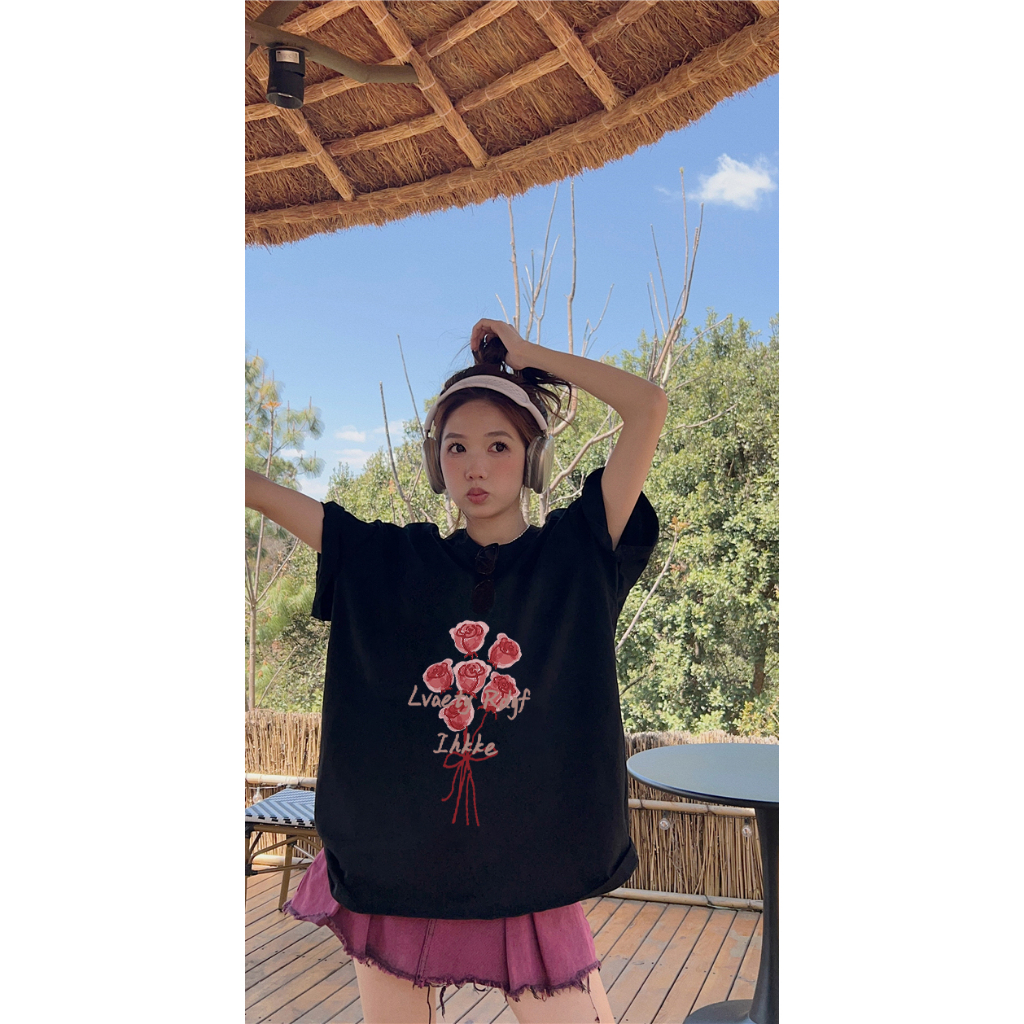 EUNII T-shirt Lengan Pendek Cartoon Red Flowers Korean Style/Kaos Atasan Wanita/Baju Kaus Oversize Wanita/Kaos Wanita