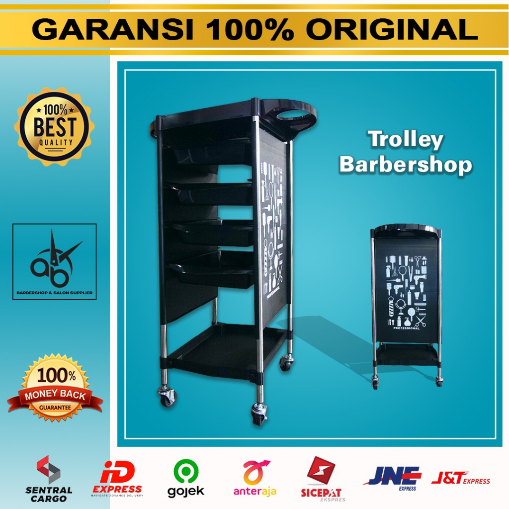 Troli Alat Cukur Rambut Hitam Trolley Professional Storage Salon dan Barbershop