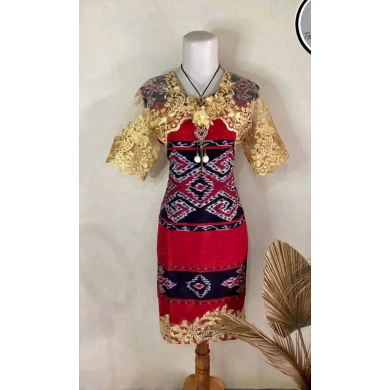 dress span merah etnik kombi brokat