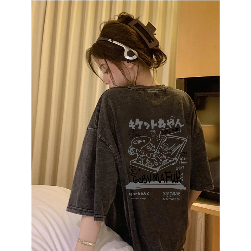 Korean Style Kaos Lengan Pendek Baju Wanita Vintage T-shirt Hitam Washed Oversize T-shirt/baju kaos oversize wanita