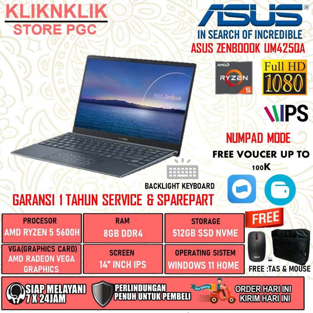 LAPTOP SLIM ASUS ZENBOOK UM425UA AMD RYZEN 5 5600H RAM 8GB 512GB SSD FULL HD IPS BACKLIT WINDIWS 10 HOME