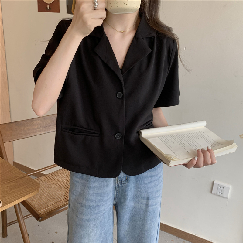 Blazer Crop Wanita Korean Style Blezer Lengan Pendek Hitam Outer Polos