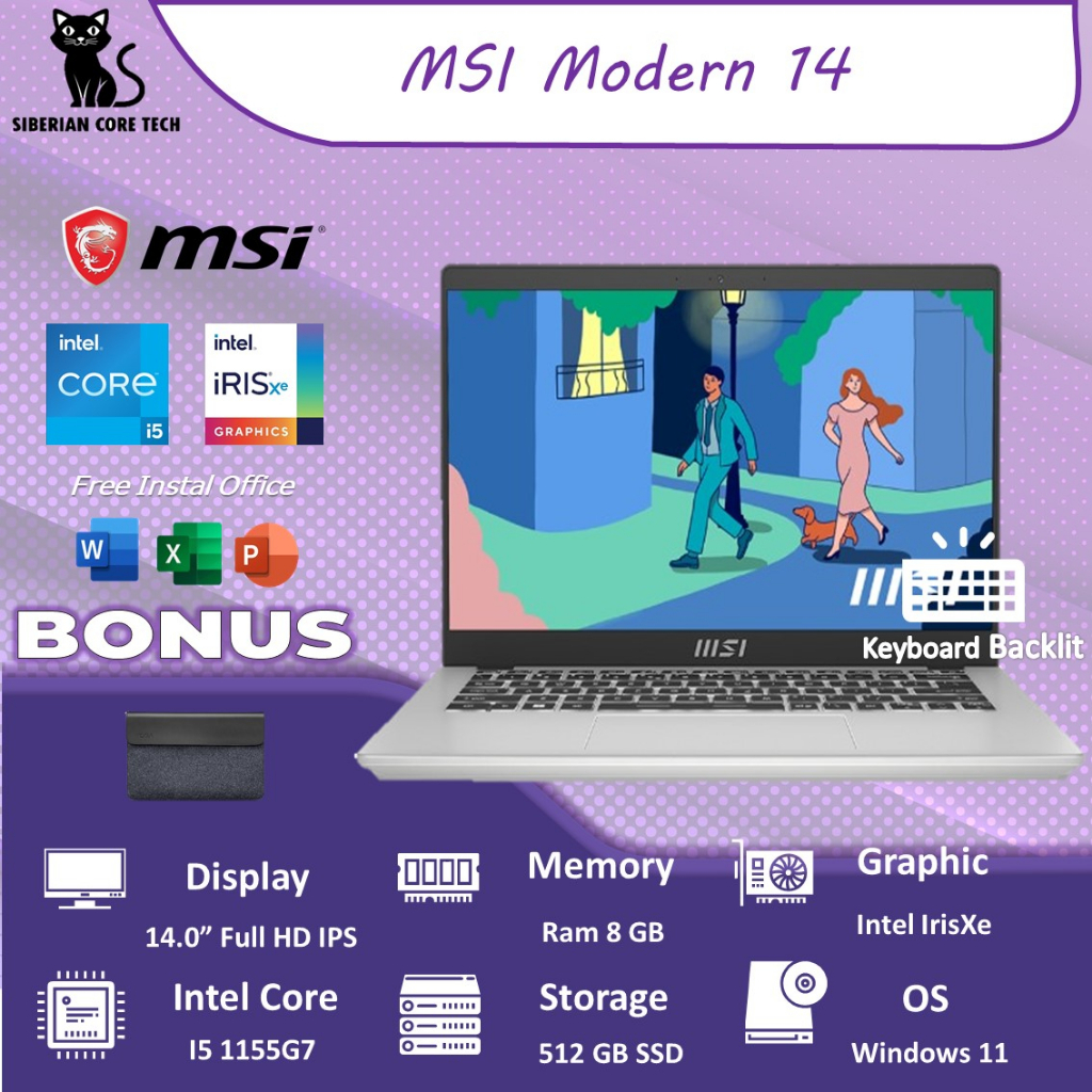 LAPTOP MSI MODERN 14 | I7 1195G7 | RAM 8GB | 512SSD | IRISXE | 14.0FHD IPS