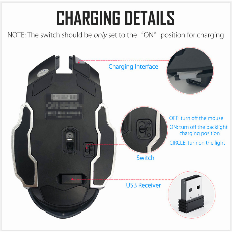 2.4Ghz Mouse Gaming Wireless 1600 DPI Charging Silent RGB Wireless Three Gear Optical 6 Tombol