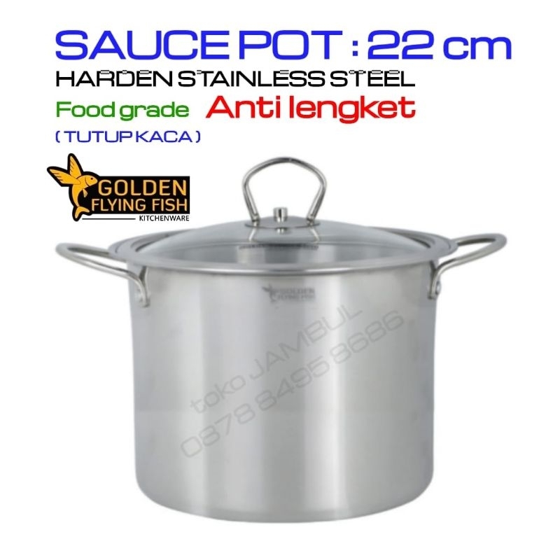 Panci Sauce Pot Stainlees Steel 22 cm Golden Flying Fish tutup kaca