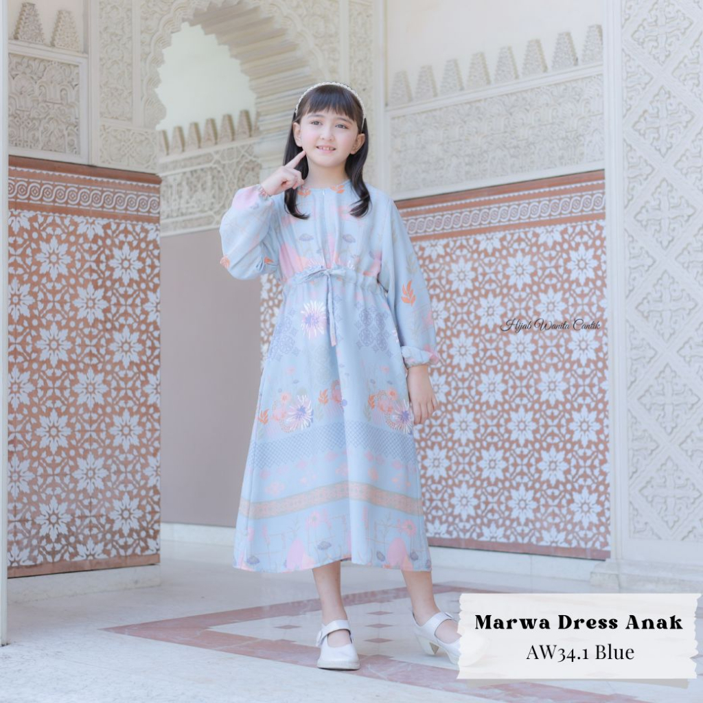 Hijabwanitacantik - Marwa Dress Anak AW34.1 Blue | Gamis Motif Premium-3