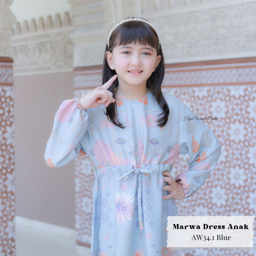 Hijabwanitacantik - Marwa Dress Anak AW34.1 Blue | Gamis Motif Premium-Girl Blue M