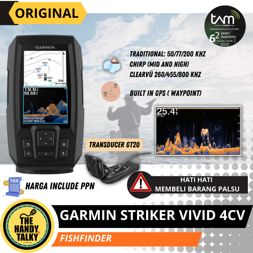 GARMIN STRIKER VIVID 4CV 4 CV WITH TRANSDUCER SONAR IKAN GT20-TM GPS FISFINDER PENCARI IKAN MANCING NEW GARANSI RESMI TAM