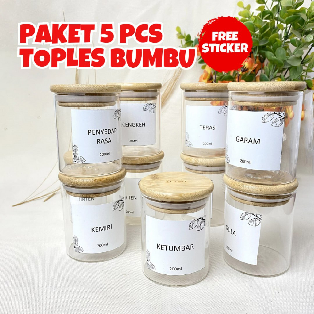 [5 Pcs] TOPLES bumbu dapur Gratis Stiker 250ml/ Toples Kaca Kedap Udara Wadah Bumbu Anti Air