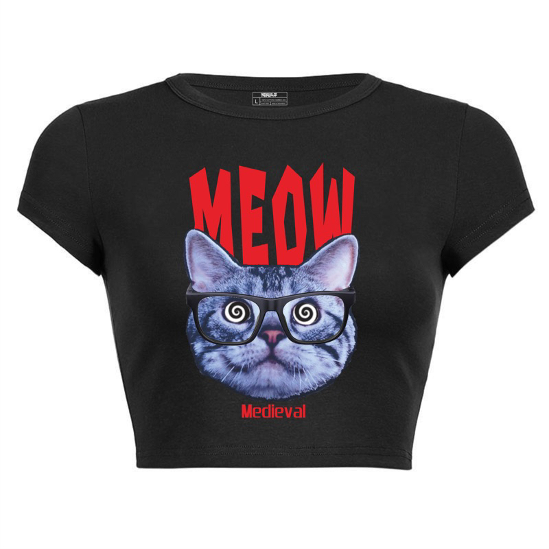 Crop top MEOW CAT Medieval Graphic Streetwear Aesthetic - Kaos Baju tshirt Tanktop Hitam Vintage Ove