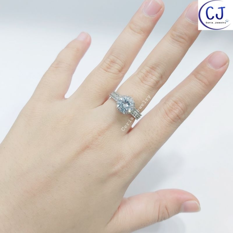 Cincin Perak Asli Silver 925 Lapis Emas Putih Permata Zircon Batu Putih - Perhiasan Perak Wanita