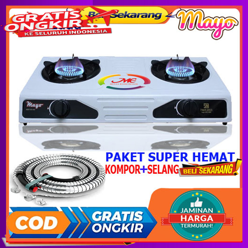 Kompor Gas paket AWARA /Mayo-2 Tungku Putih  Teflon Terbaru SNI + Free Selang ori