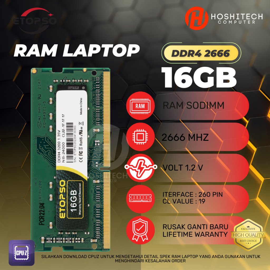 ETOPSO RAM LAPTOP DDR4 16GB SODIMM 2666 MHZ 1.2V LIFETIME