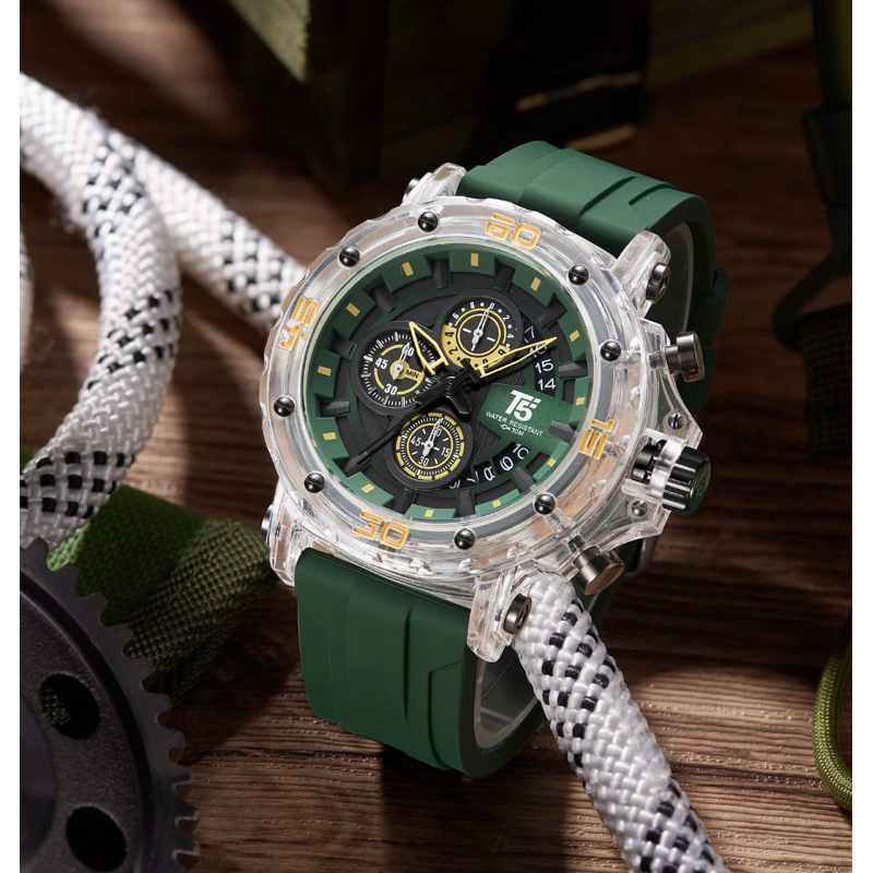 VALUE PACK NEW ARRIVAL JAM TANGAN PRIA T5 H 4004G ORIGINAL ACRYCLIC CASE TRANSPARAN CHRONOGRAPH