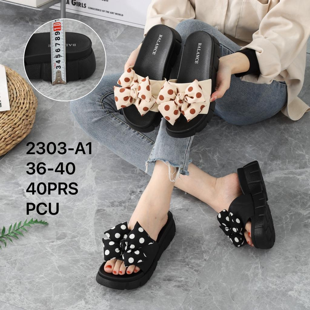 Sandal Selop Wanita Karet Import BALANCE Motif Pita Polkadot Ringan Empuk Sol Tebal 5CM / 2303-A1