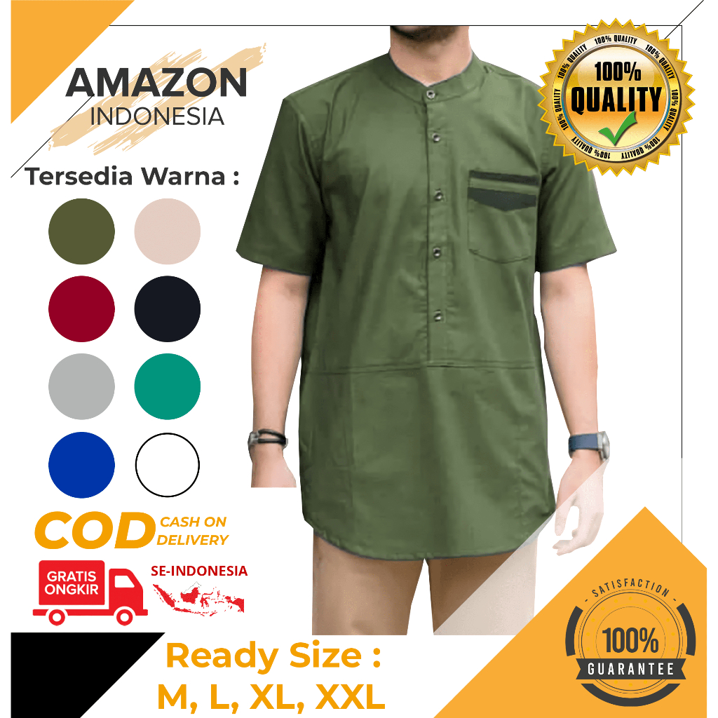 Baju Koko Kurta Dewasa Lengan Pendek Warna Army Material Catton Toyobo Adem Serap Keringat