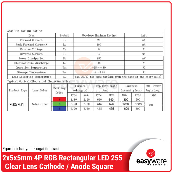 LED 2x5x5mm Square RGB 4 Pin Anode Cathode Rectangular LED 255 4P RGB