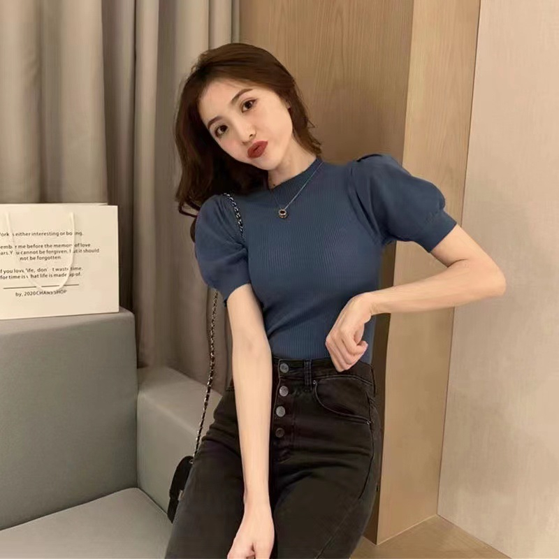 【 Bra Mall 】BJ-025 Kaos Rajut Turtleneck Lengan Pendek Premium Import | Atasan Rajut Wanita Turtleneck Impor Lengan Pendek Adem