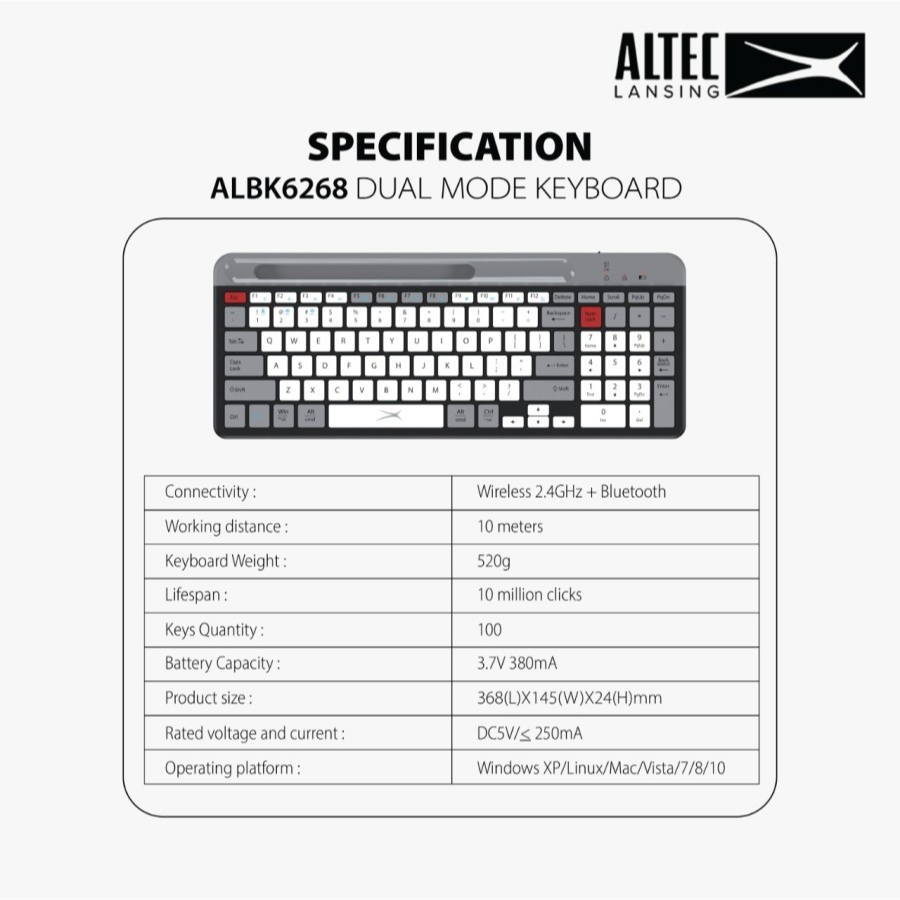KEYBOARD MINI WIRELESS ALTEC LANSING ALBK6268 KEYBOARD DUAL MODE
