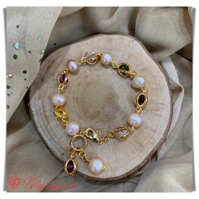 GLM0229 Gelang Rantai Xuping Mutiara Air Tawar Kombinasi Batu Aleksandri