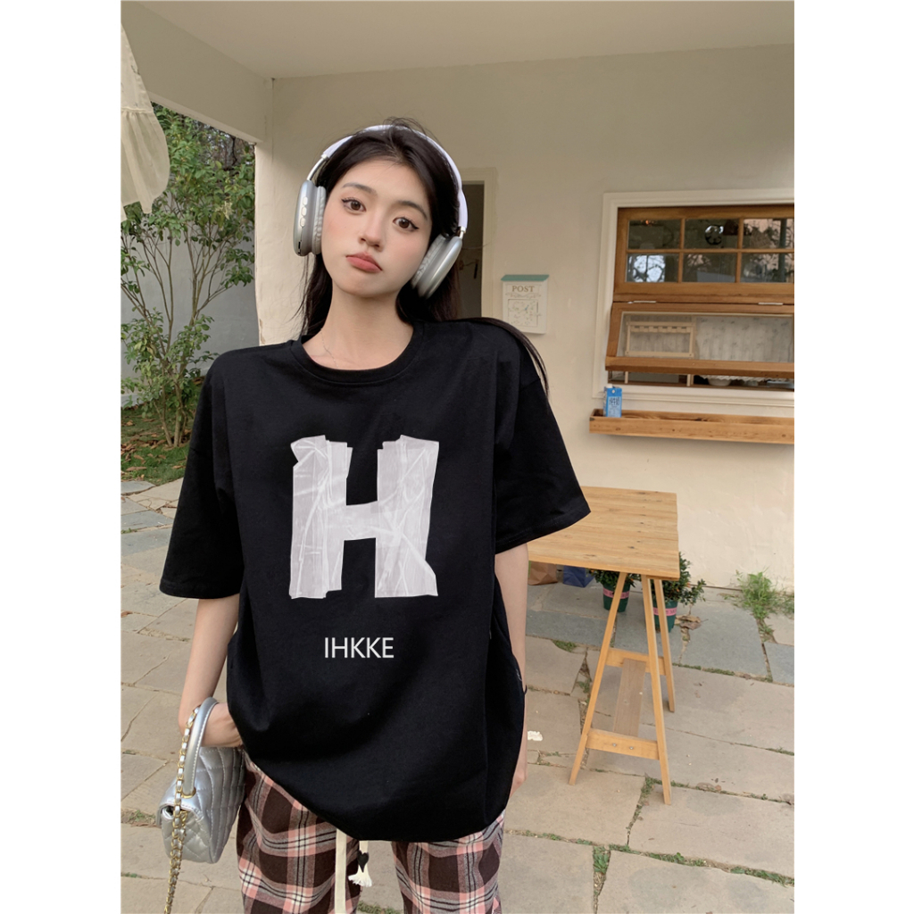 EUNII T-shirt Lengan Pendek Retro H Letter Printing Korean Style/Kaos Atasan Wanita/Baju Wanita/Kaos Wanita