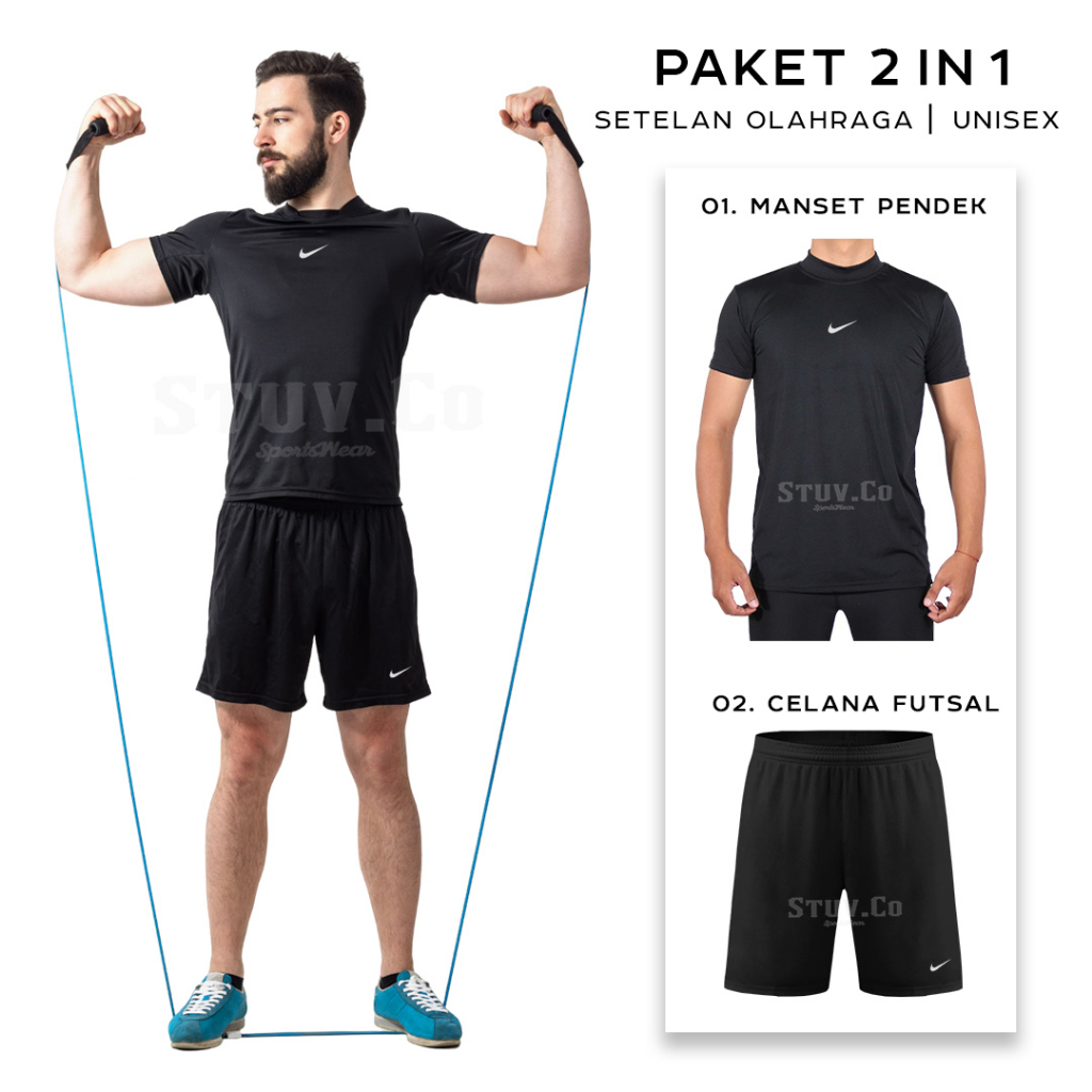 STELAN 2IN1 OLAHRAGA BASELAYER SHORTSLEEVE MANSET LENGAN PENDEK DAN CELANA FUTSAL PRIA WANITA