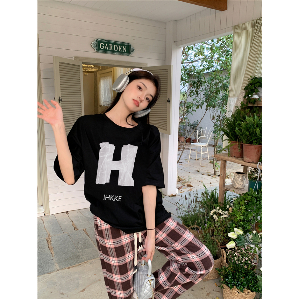 EUNII T-shirt Lengan Pendek Retro H Letter Printing Korean Style/Kaos Atasan Wanita/Baju Wanita/Kaos Wanita