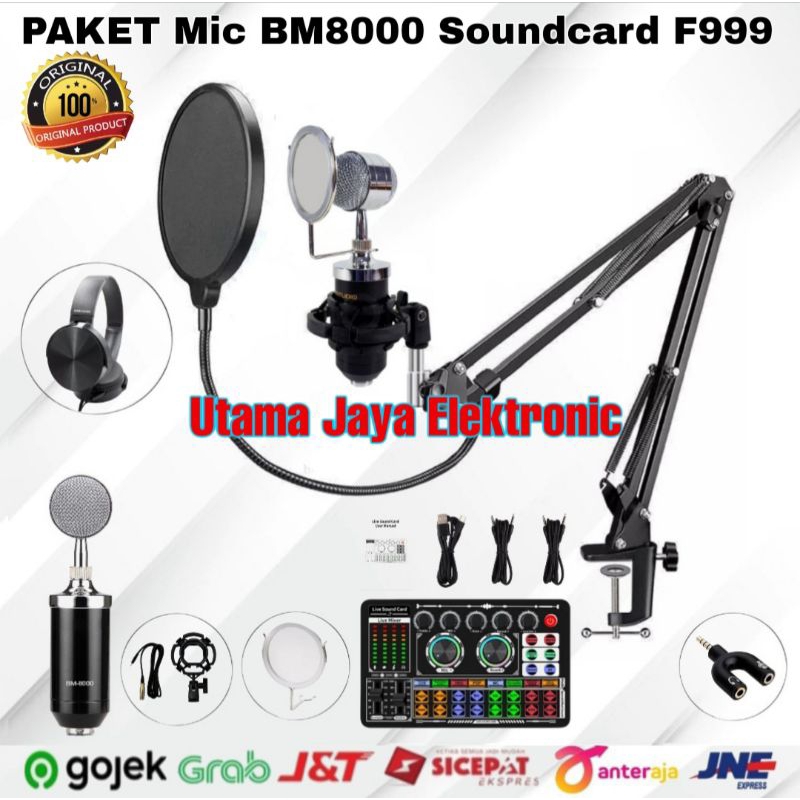 Paket Microphone BM8000 Soundcard F999 Stand Arm Pop Filter Premium Recording Terbaik