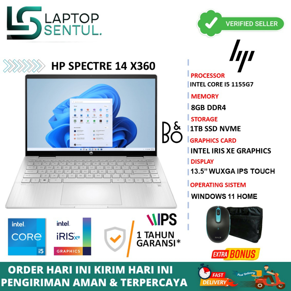 Laptop 2in1 HP Spectre x360 14 Intel i5 1155G7 8GB 1TB SSD Iris Xe WUXGA Touch Windows 11 Original