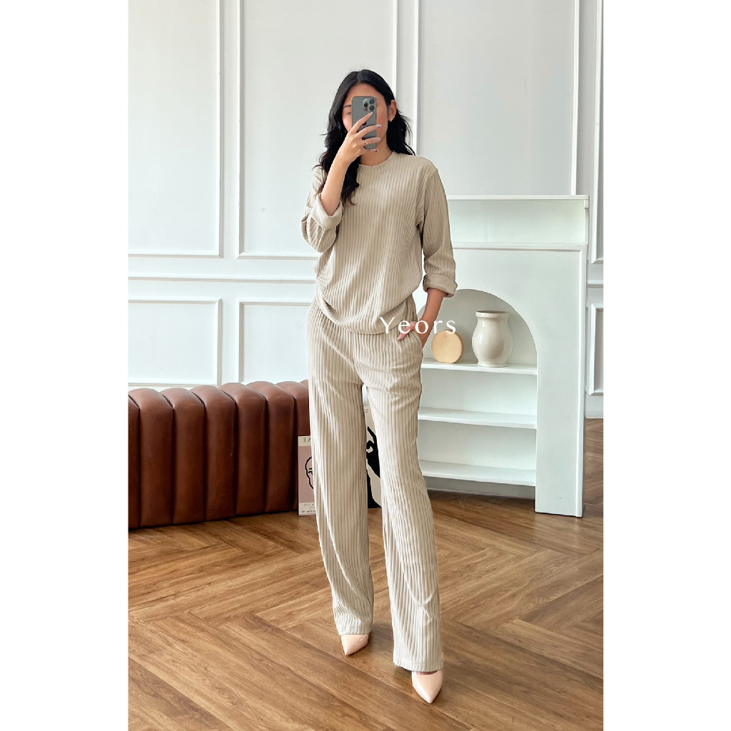 Yeors - Rib Knit Lily Top ( hanya atasan ) - Korean Knitwear - Loungewear - Kaos Murah Berkualitas Rib Knit Premium - Baju Wanita Hijab Rajut Lengan Panjang