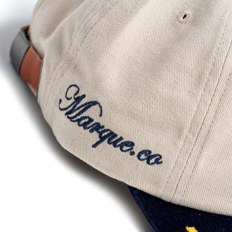 MARQUE.CO Racing Team Vintage Cap Hat Topi - Model Kasual Warna Krem dengan Aksen Navy Corduroy, Buckle Leather Strap