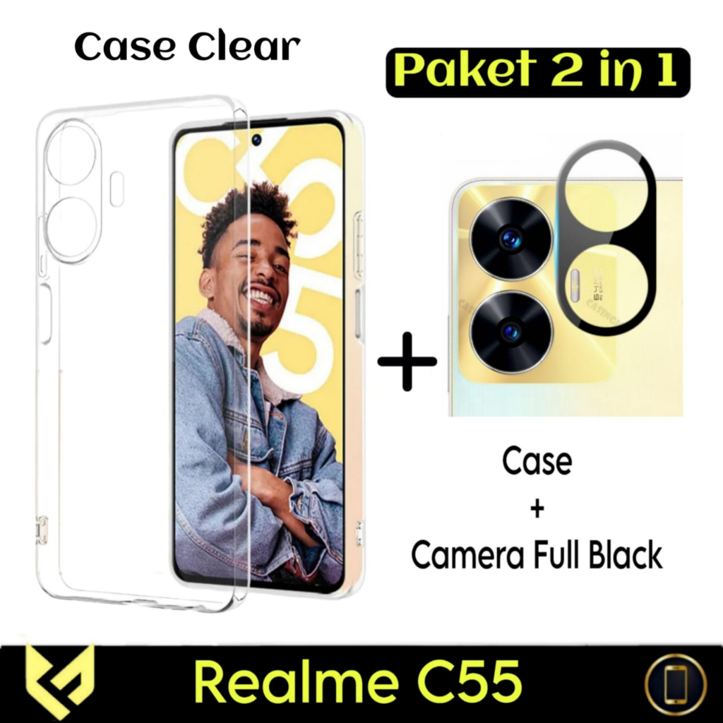 PROMO Paket 3IN1 Softcase For REALME C55 Case Clear Transparant Free Tempered Glass Camera &amp; Garskin Carbon Pelindung Anti Jamur Handphone - FIDS STOR