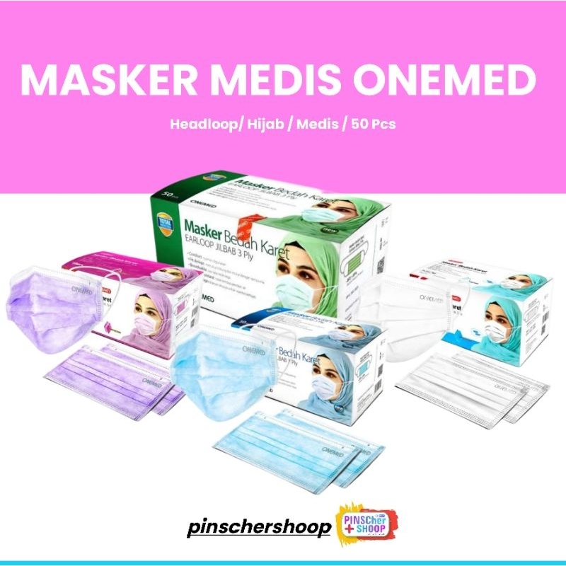 MASKER HIJAB MEDIS ONEMED MASKER HEADLOOP HIJAB 3PLY ISI 50 PCS PER BOX