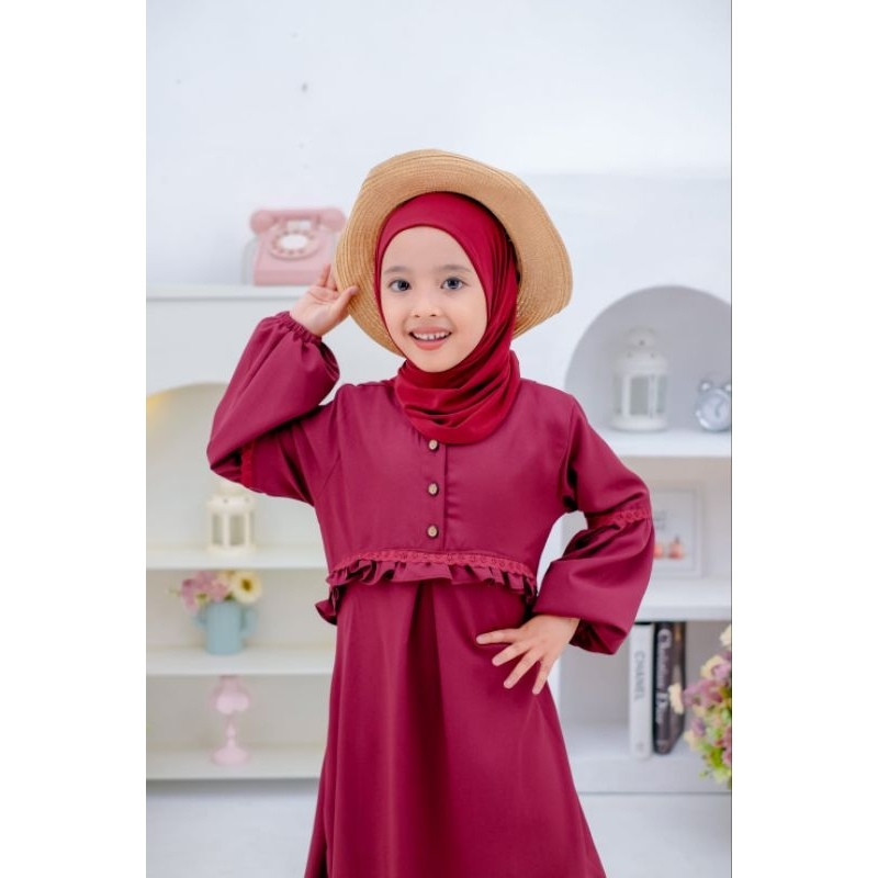 Zaja - Baju Gamis Anak Perempuan 4-12 Tahun Matt Ayara Cros Kombinasi Renda Cantik &amp; Saku Depan Yang Cantik Busana Muslim Anak-anak Kintani Series Tangan Karet &amp; Bahan Lembut