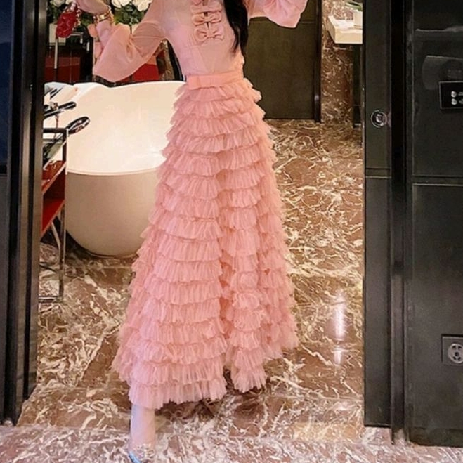 9711 Rok panjang TULLE LAYERED SUSUN Maxi long skirt hitam pink polos Korea Korean style wanita prem