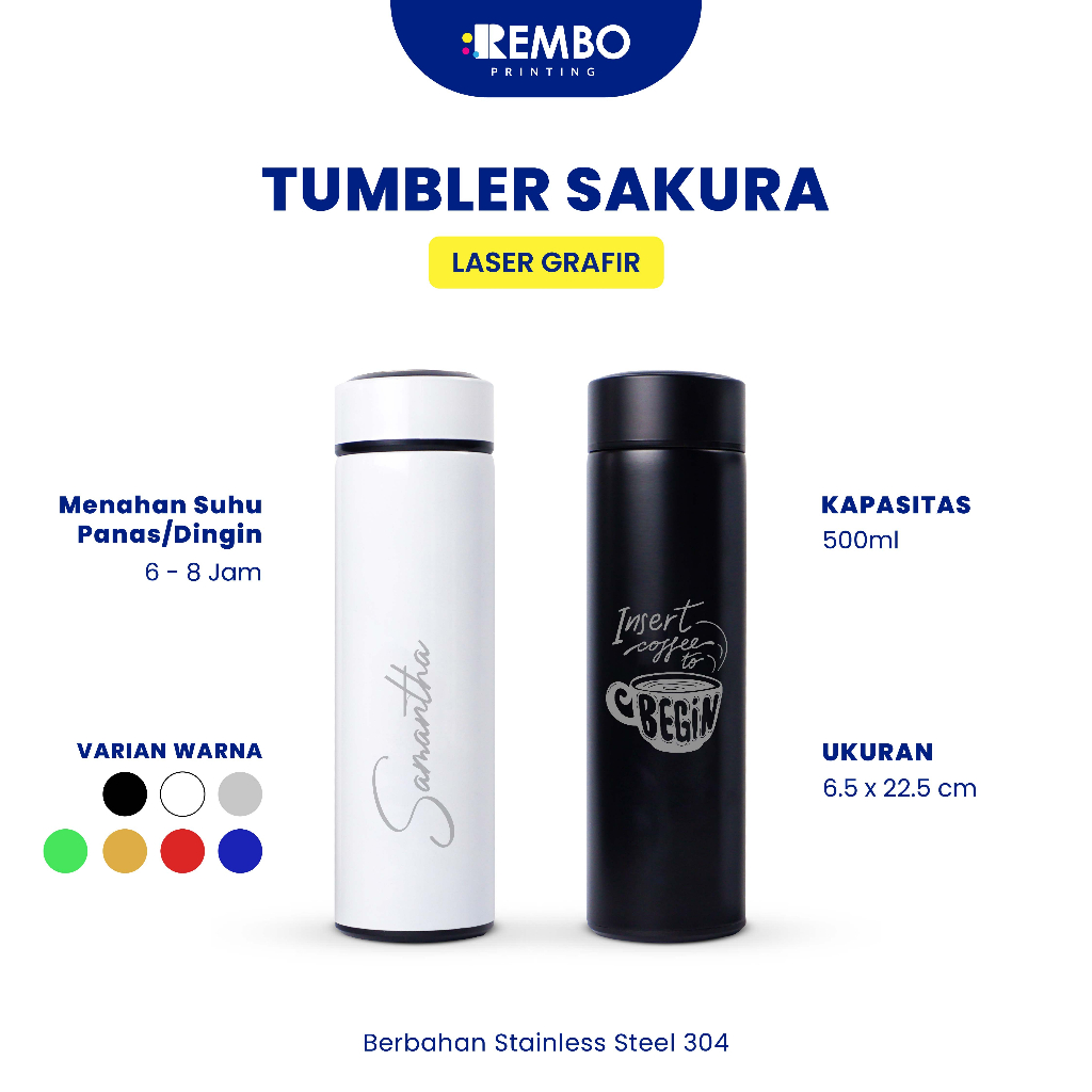 Tumbler Custom Sakura Laser Grafir/Print Grafir Nama/Logo/Karakter Souvenir Tumbler/Promosi Murah