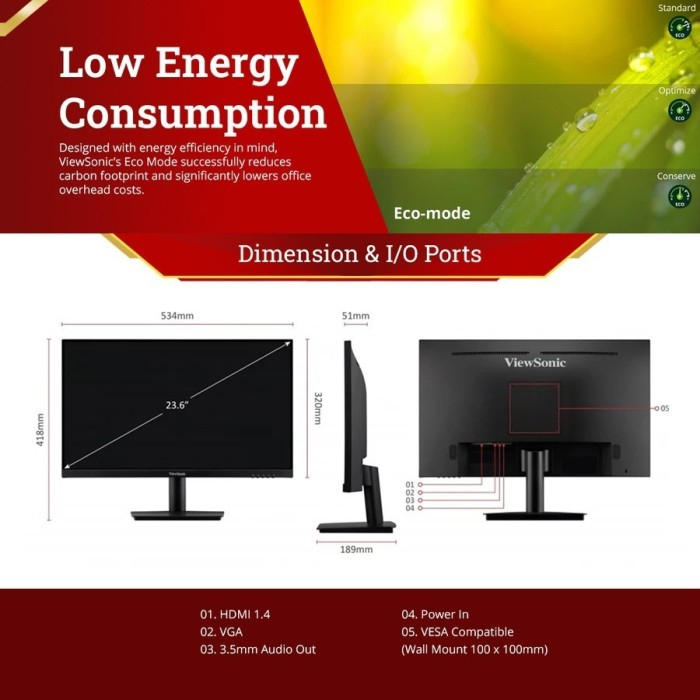 Monitor ViewSonic 24&quot; VA2409-H LED IPS 75Hz HDMI VGA Frameless Vesa