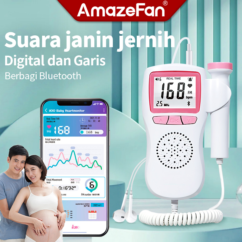 AmazeFan dopler detak jantung bayi Ibu hamil Fetal Doppler Suara jernih &amp; USB &amp; Headphone Alat Deteksi Jantung Janin Bayi Bluetooth &amp; Digital Kurva &amp; sensitif Baby heart rate monitor portabel Bayi Fetal Doppler